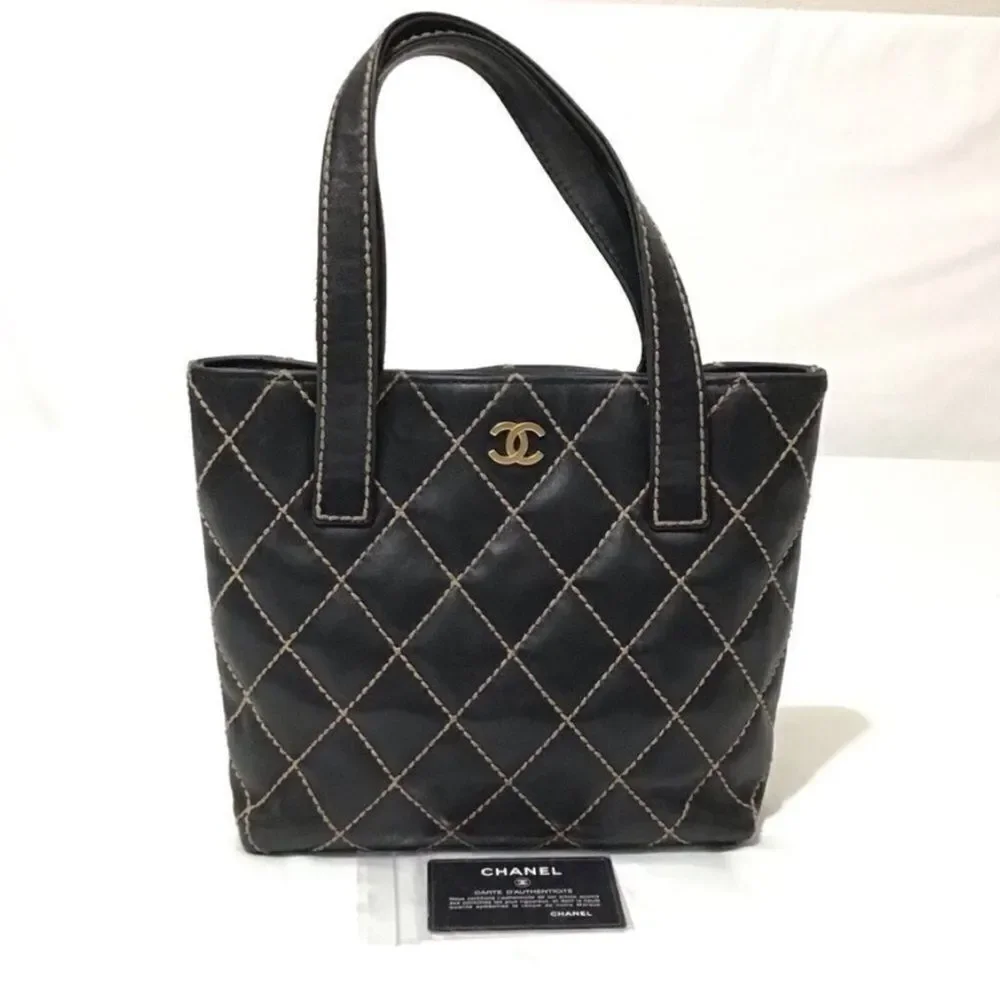 CHANEL Black Leather Quilted Wild Stitch Tote/Shoulder Bag Vintage
